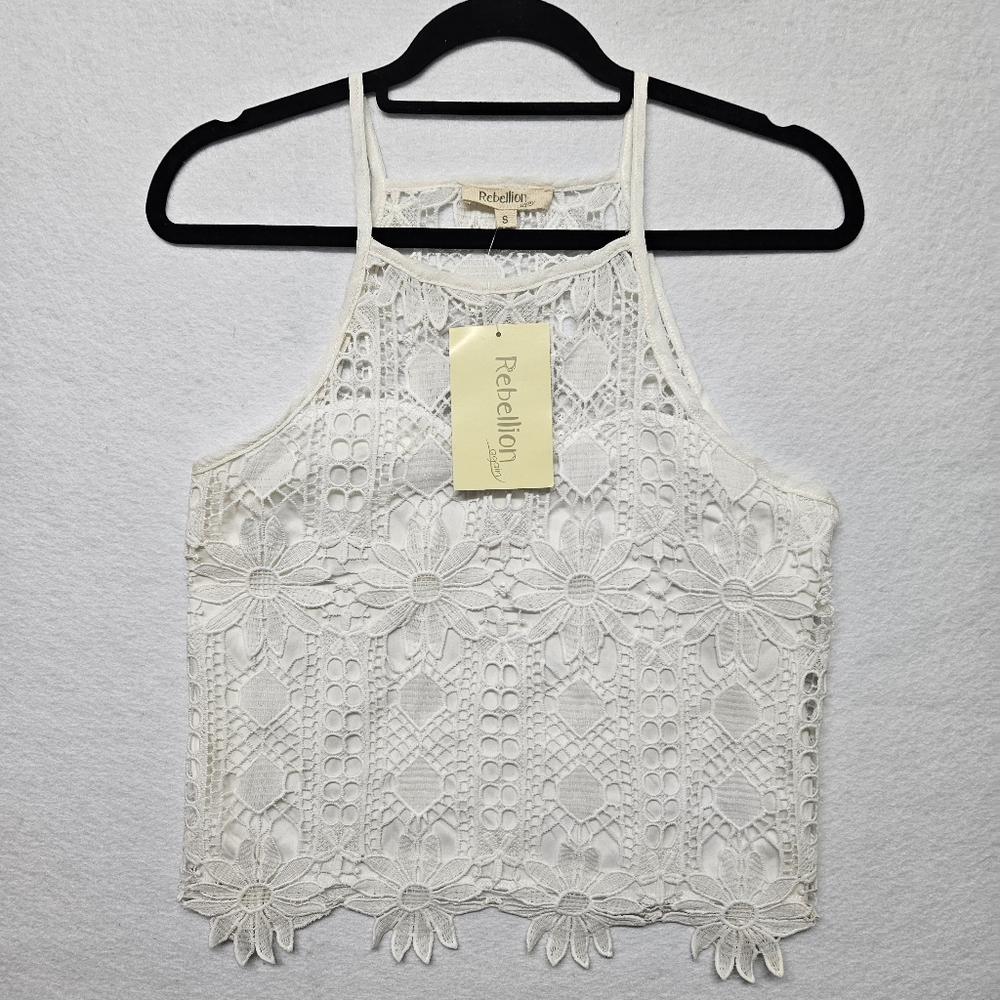 Rebellion Lace Crochet Daisy Halter White Festival Embroidered Knit Tank NWT - Picture 10 of 15
